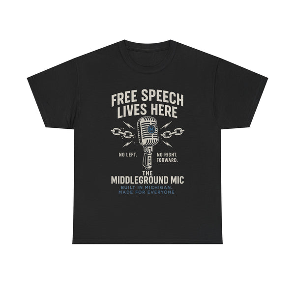 Free Speech Lives Here Unisex Heavy Cotton Tee - Bold Statement Tee, Gift for Activists, Vintage Mic Design, Casual Wear, Everyday T-Shirt